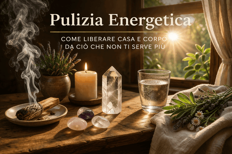 Pulizia energetica della casa e del corpo con cristalli, candela e salvia in un ambiente luminoso e rilassante