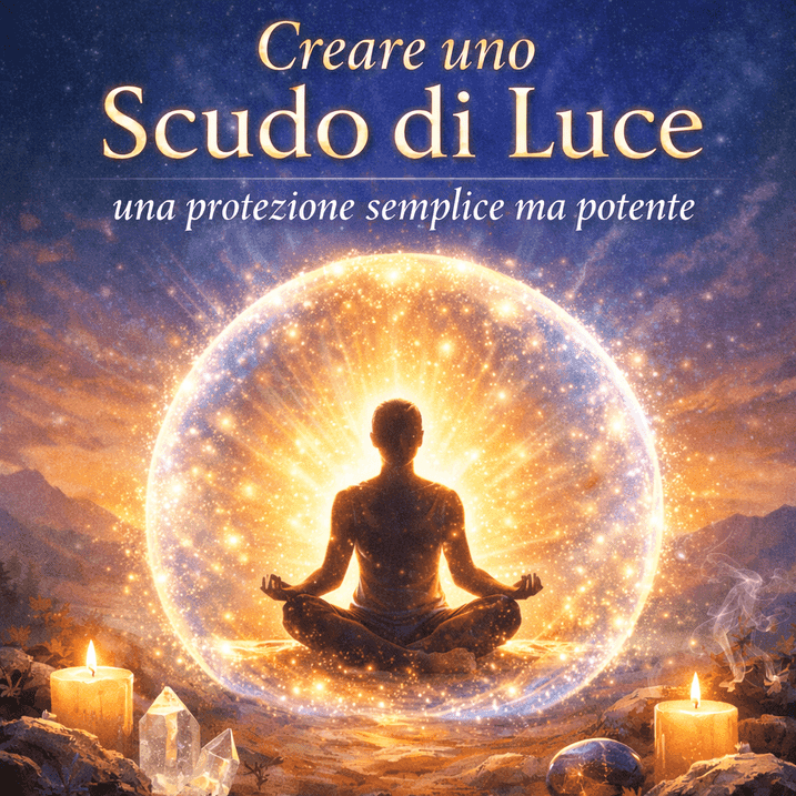 Persona in meditazione circondata da uno scudo di luce dorata, simbolo di protezione energetica e spirituale