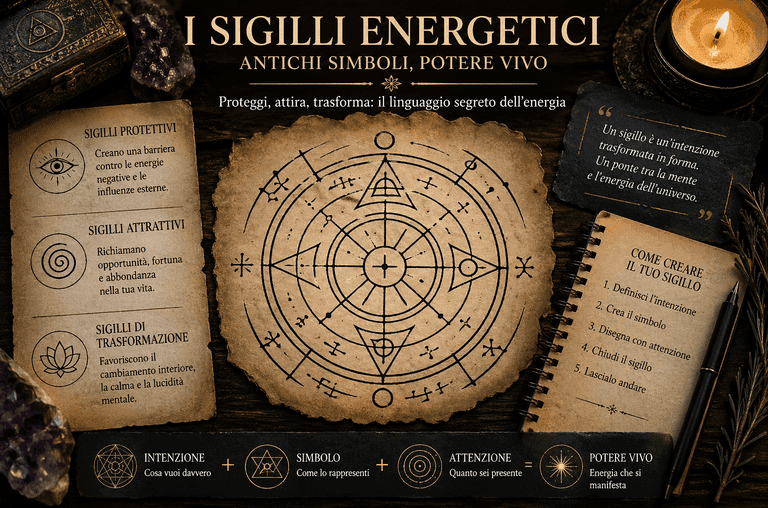 Sigilli energetici disegnati su pergamena con simboli esoterici per protezione, manifestazione e trasformazione