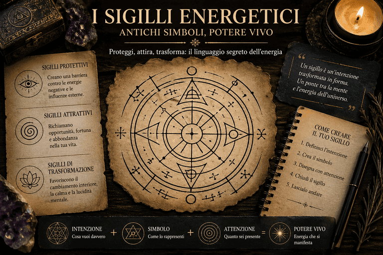 Sigilli energetici disegnati su pergamena con simboli esoterici per protezione, manifestazione e trasformazione