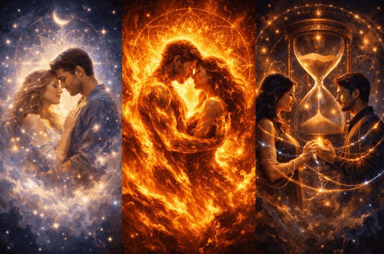 Illustrazione spirituale che rappresenta le differenze tra anima gemella, fiamma gemella e relazione karmica con energia cosmica e simboli esoterici.