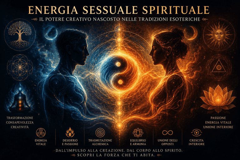 Rappresentazione simbolica dell'energia sessuale spirituale con figure archetipiche, simboli esoterici, yin e yang e flussi di energia creativa e trasformativa.