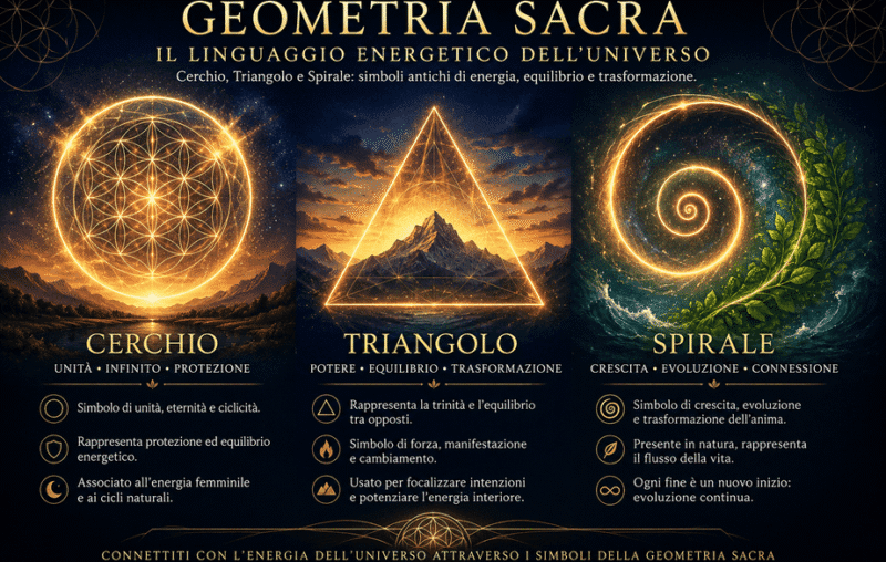 Illustrazione mistica della geometria sacra con cerchio, triangolo e spirale luminosi che rappresentano energia, equilibrio e crescita spirituale
