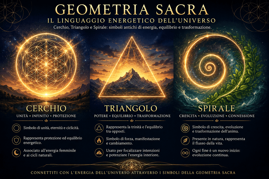 Illustrazione mistica della geometria sacra con cerchio, triangolo e spirale luminosi che rappresentano energia, equilibrio e crescita spirituale