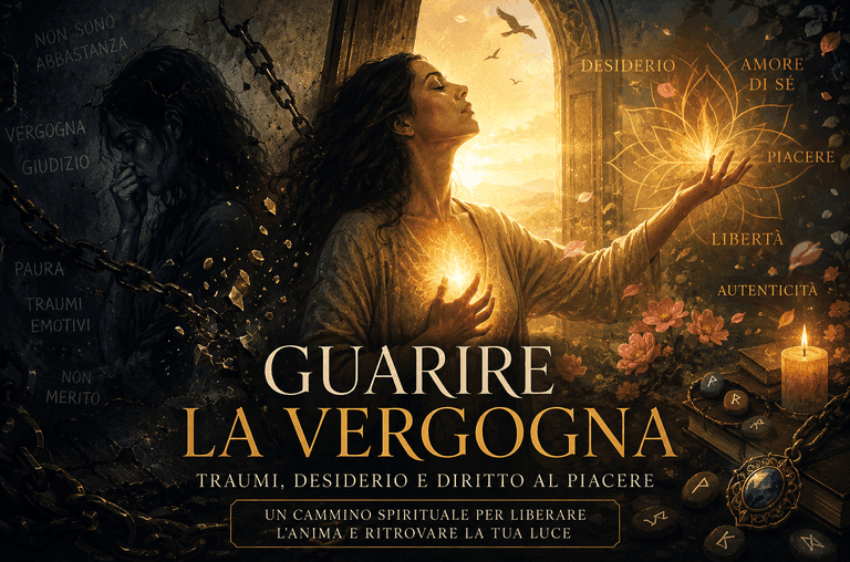 Donna avvolta da una luce dorata che spezza le catene della vergogna, simbolo di guarigione spirituale, blocchi energetici e crescita interiore nell'esoterismo.