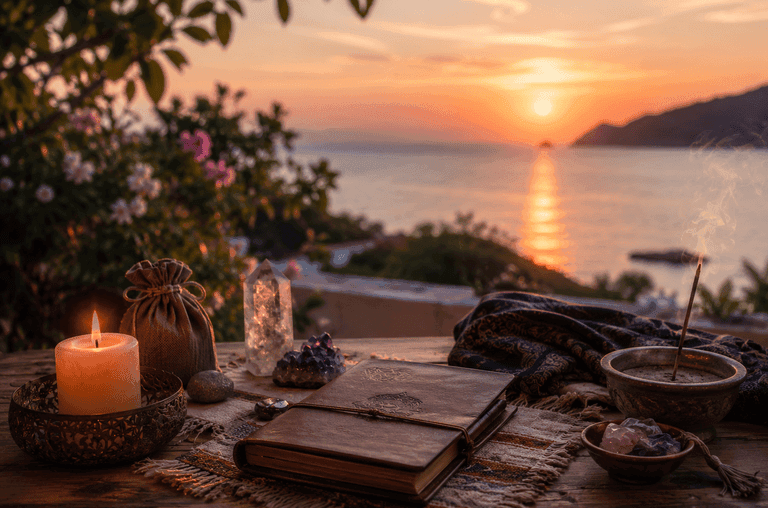 Rituali spirituali in vacanza con diario, cristalli, candela e incenso davanti al mare al tramonto per favorire equilibrio ed energia interiore