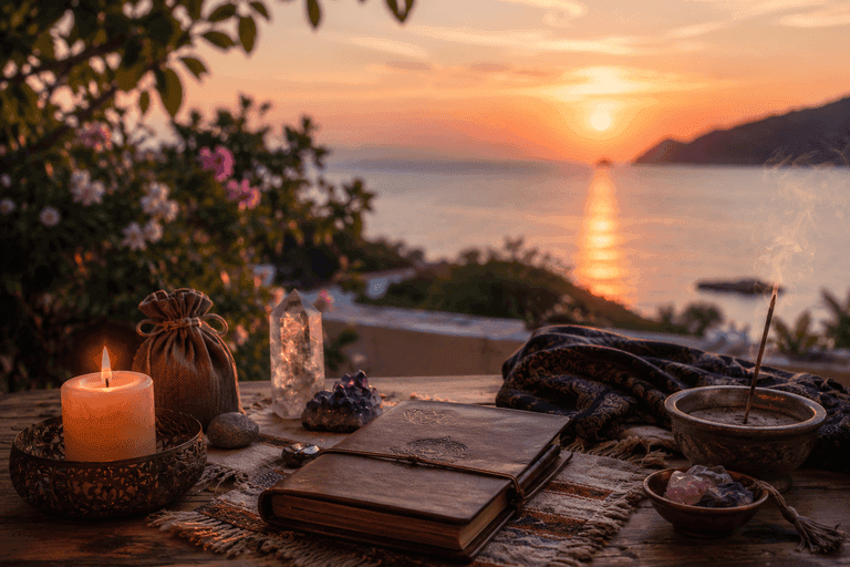 Rituali spirituali in vacanza con diario, cristalli, candela e incenso davanti al mare al tramonto per favorire equilibrio ed energia interiore