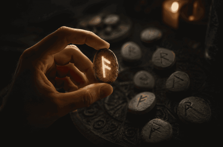 Mano che tiene una runa luminosa mentre altre rune restano sfocate sullo sfondo, simbolo di intenzione, consapevolezza ed equilibrio energetico.