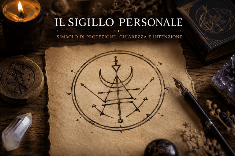 Illustrazione esoterica di un sigillo personale disegnato su pergamena con candele e simboli mistici, rappresentazione di protezione energetica, chiarezza interiore e intenzione spirituale.