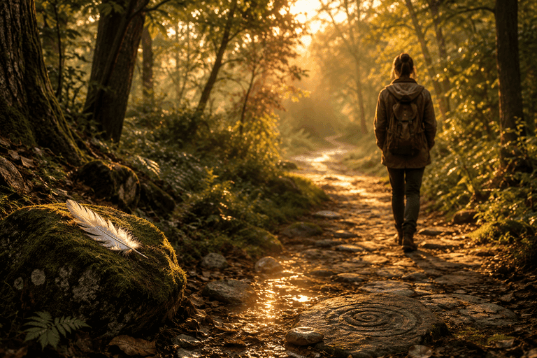 Persona che pratica la meditazione camminata lungo un sentiero nel bosco al tramonto, osservando i segni dell'Universo immersa nella natura.
