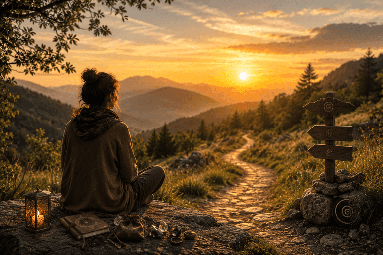 Persona seduta in silenzio davanti a un sentiero immerso nella natura mentre riflette sull'inizio del proprio percorso spirituale.