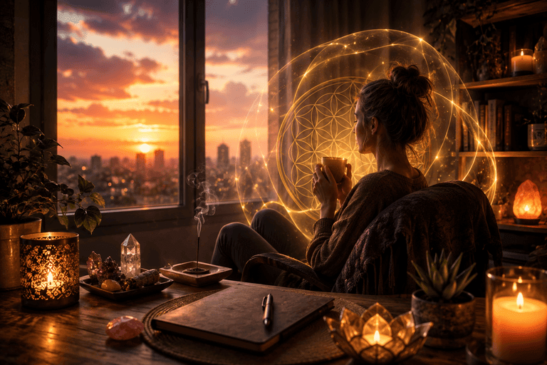 Persona che si rilassa dopo il lavoro praticando una meditazione con candele e simboli spirituali per ritrovare equilibrio ed energia interiore.