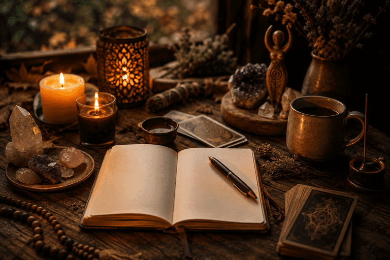 Diario, candela e oggetti simbolici per creare un piano spirituale di fine anno