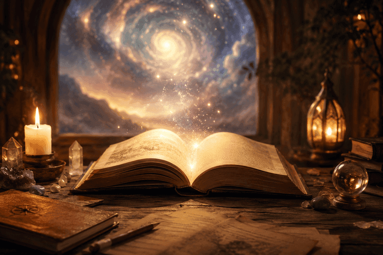Libro aperto illuminato da una luce dorata con cielo stellato sullo sfondo, simbolo dei Registri Akashici e della riflessione sul proprio percorso spirituale