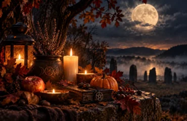 Samhain con candele, simboli autunnali e paesaggio notturno