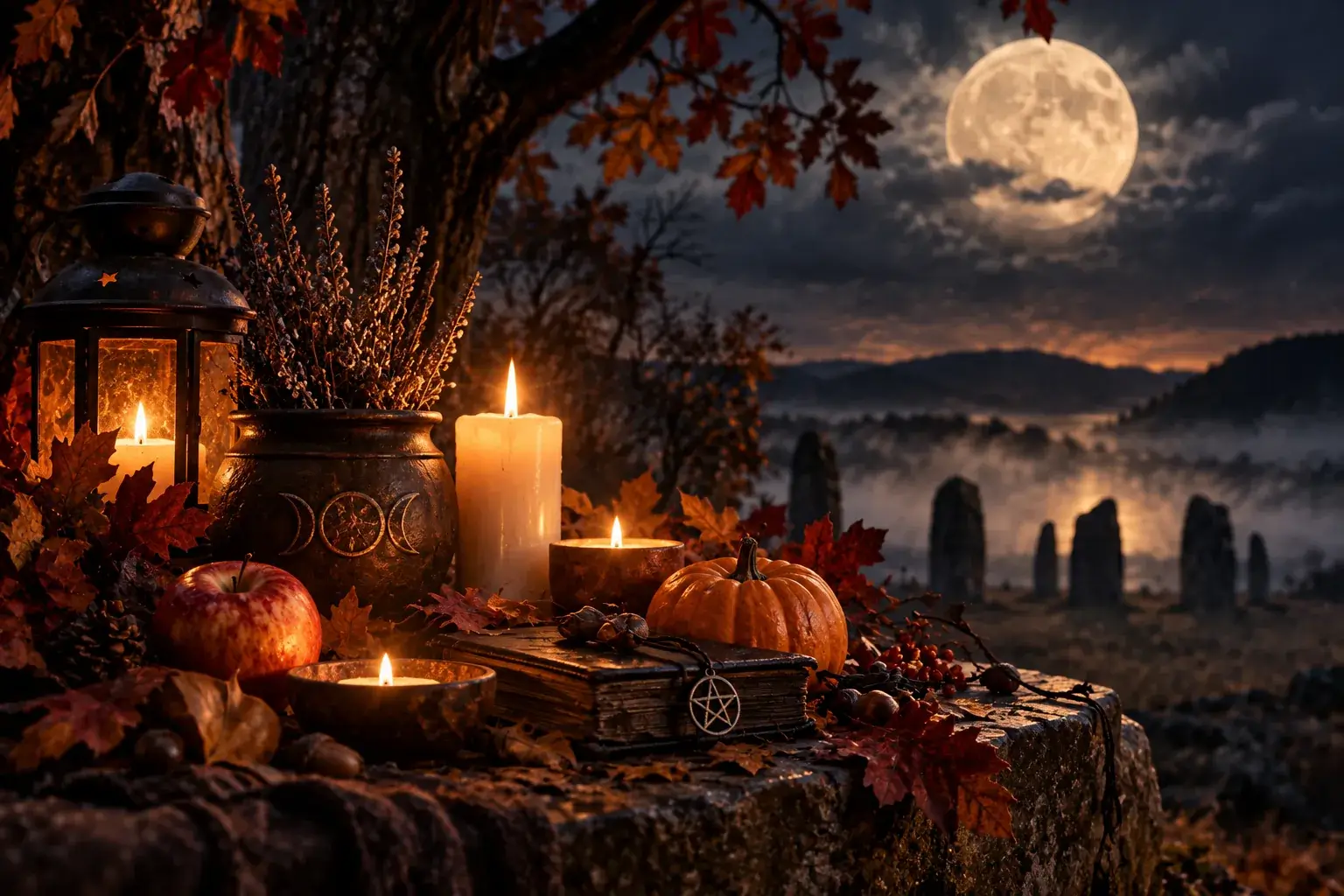 Samhain con candele, simboli autunnali e paesaggio notturno