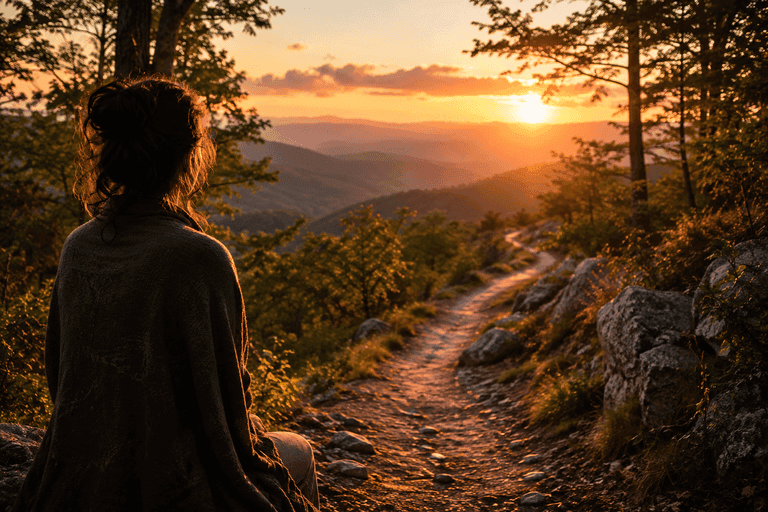 Persona seduta davanti a un sentiero di montagna al tramonto, simbolo del cammino spirituale e della ricerca dello scopo di vita