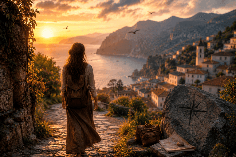Viaggiatore osserva un borgo sul mare al tramonto durante un viaggio spirituale, simbolo di sincronicità, intuizione e ricerca interiore.